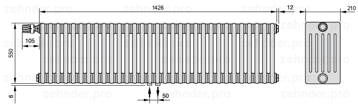Схема (чертеж) Радиатор Zehnder Charleston 6055/31 №V007 Белый глянцевый RAL 9016